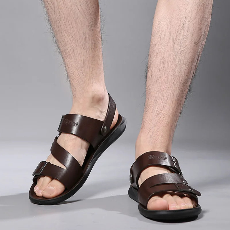 Vīriešu ādas sandales uzvelkamas vasaras elpojošas čības ar atvērtu purngalu, ikdienas apavi āra pastaigu lielizmēra pludmales sandales vīriešiem