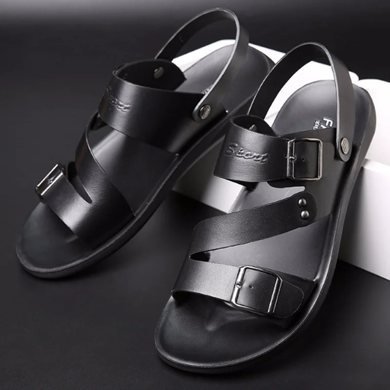 Vīriešu ādas sandales uzvelkamas vasaras elpojošas čības ar atvērtu purngalu, ikdienas apavi āra pastaigu lielizmēra pludmales sandales vīriešiem