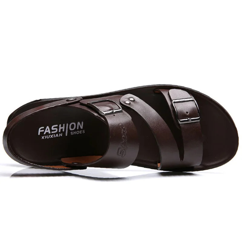 Vīriešu ādas sandales uzvelkamas vasaras elpojošas čības ar atvērtu purngalu, ikdienas apavi āra pastaigu lielizmēra pludmales sandales vīriešiem