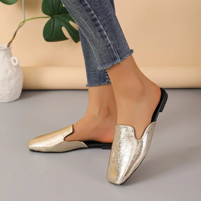 Nyári, lapos cipők Női zárt orrú papucsok Új, négyszögletes orrú, könnyű csúsztatású öszvéreken női szabadtéri Női kauzális csúszdák cipők