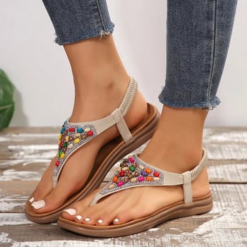 Луксозни дамски бохемски сандали 2024 г., лятна щипка за пръсти, смесени цветове, сандали с плоски токчета, дамски блестящи кристални нехлъзгащи се римски обувки, дамски