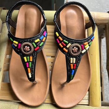 Луксозни дамски бохемски сандали 2024 г., лятна щипка за пръсти, смесени цветове, сандали с плоски токчета, дамски блестящи кристални нехлъзгащи се римски обувки, дамски