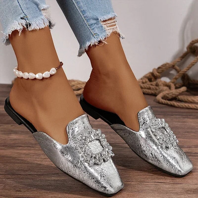 Női papucsok 2024 nyáron New Mules Crystal Slingback ruha Flip Flop női tervező Mary Jane szögletes lábujj lapos cipők szandálok