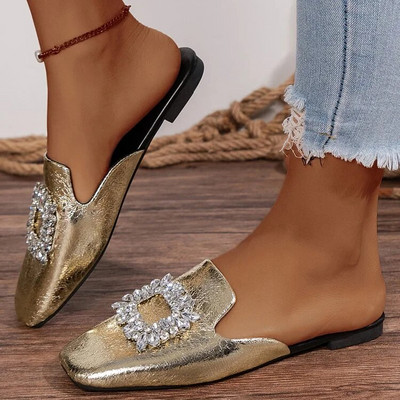 Női papucsok 2024 nyáron New Mules Crystal Slingback ruha Flip Flop női tervező Mary Jane szögletes lábujj lapos cipők szandálok