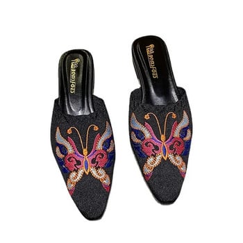 2024 Бродирани флорални обувки Дамски чехли с остри пръсти Копринени мулета Дамски обувки с ниски токчета Плъзгачи Плоски сандали Femmes Outside Pantuflas