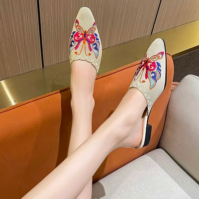 2024. gada izšūšana ar ziediem apavi Sieviešu čības ar smailiem purngaliem, zīda mūļi, sieviete, zemi papēži, slaidi, plakanas sandales Sieviešu čības ārpus Pantuflas