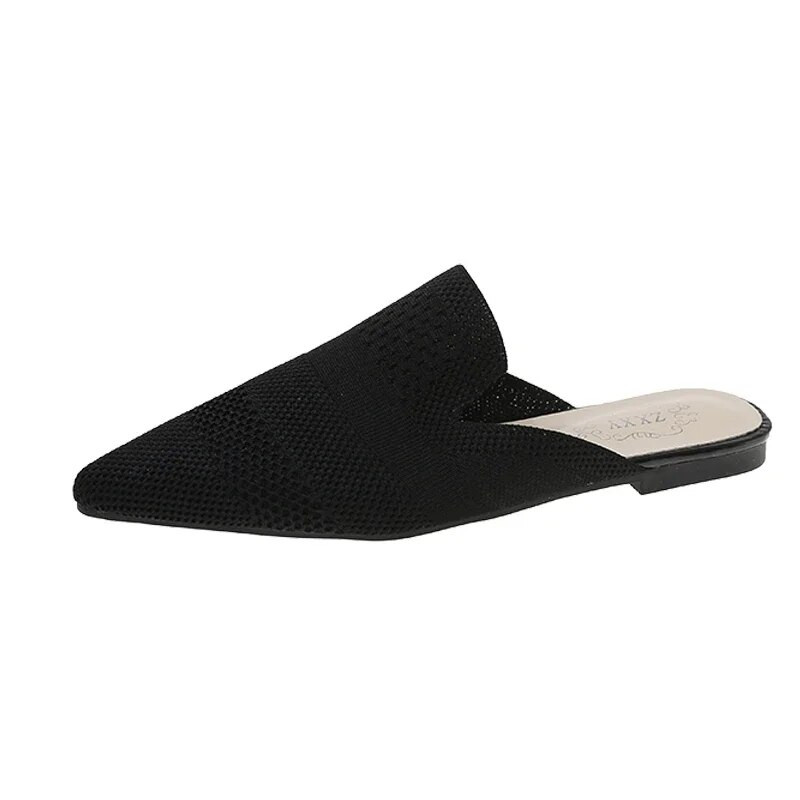 Vasaras sieviešu dzelteni melni trikotāžas slaidi mūļi Jauni eleganti sieta elpojošie čības ar papēžiem ar slēgtu purngalu slaidi ballīšu apavi