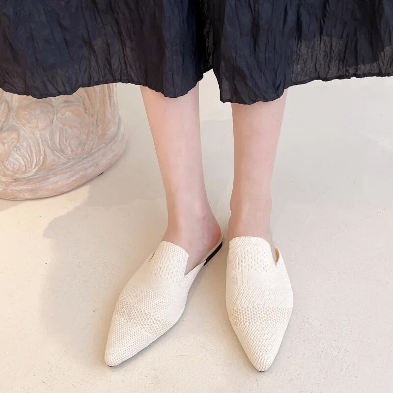 Vasaras sieviešu dzelteni melni trikotāžas slaidi mūļi Jauni eleganti sieta elpojošie čības ar papēžiem ar slēgtu purngalu slaidi ballīšu apavi