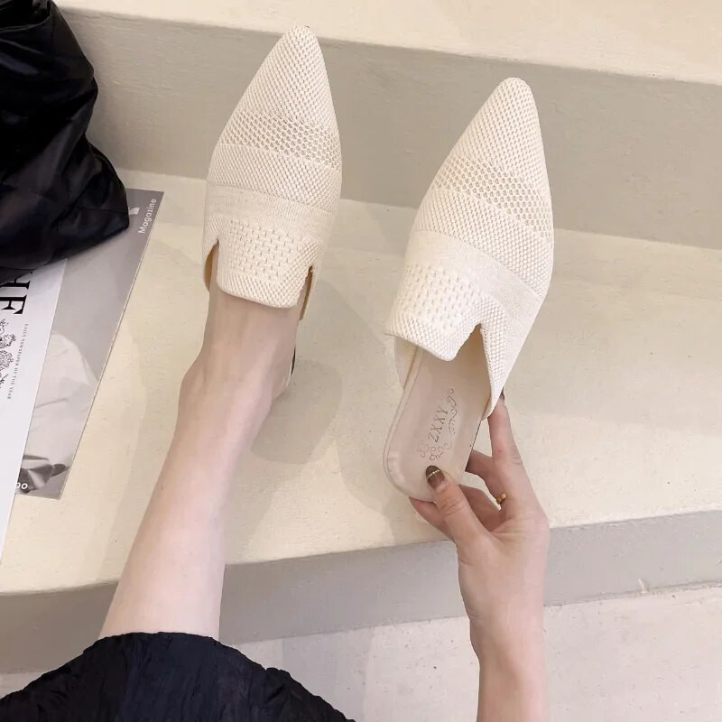 Vasaras sieviešu dzelteni melni trikotāžas slaidi mūļi Jauni eleganti sieta elpojošie čības ar papēžiem ar slēgtu purngalu slaidi ballīšu apavi