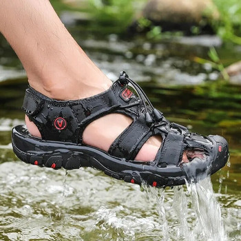 Мъжки сандали Летни мъжки ежедневни обувки от естествена кожа Външни кожени сандали за мъже Плажни обувки Римски обувки Гумени обувки за вода