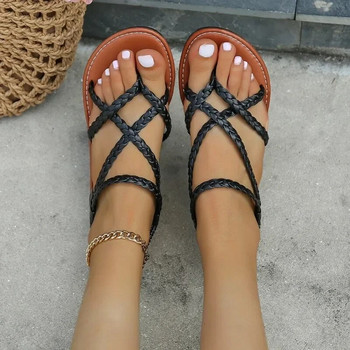 Дамски еластични летни римски сандали с щипка на пръстите, 2024 Ежедневни плоски сандали, едноцветни плажни обувки на открито, дамски