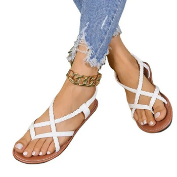 Дамски еластични летни римски сандали с щипка на пръстите, 2024 Ежедневни плоски сандали, едноцветни плажни обувки на открито, дамски