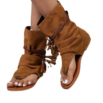 Дамски летни ботуши Отворени пръсти Сандали с дизайн на плоски пискюли 2023 Модни римски сандали Елегантни обувки Големи размери 35-43 Sandalias Mujer
