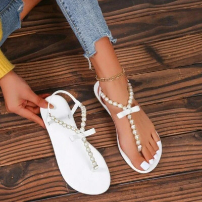 Női strandpapucsok női kültéri lapos alsó szandálok 2024 kényelmes női cipők új nyári édes csíptetős gyöngyfűző cipők