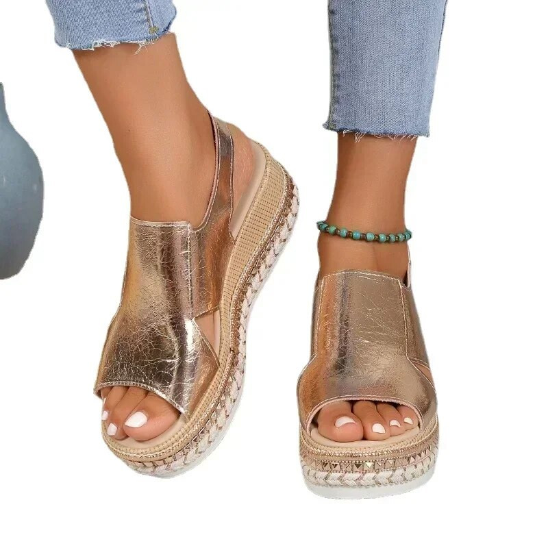 Karsti pārdod sieviešu apavi Modernas zivju mutes sandales Sprādzes ikdienas sandales vienkrāsainas ķīļveida kurpes Daudzpusīgas biezas zoles