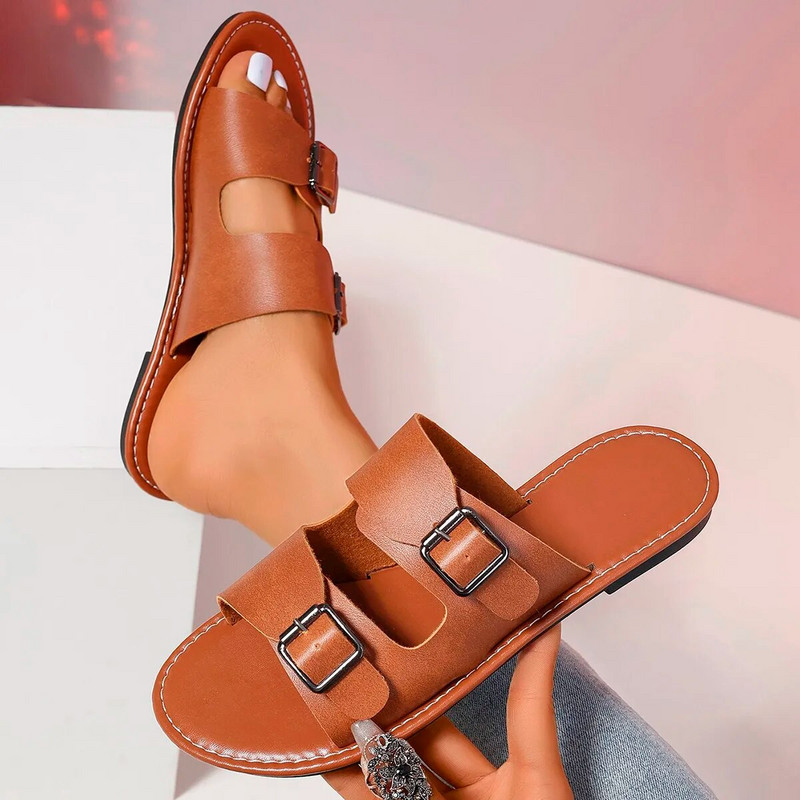 Női csúszásmentes puha talpú papucs női bőr csatos szandál nyári lapos papucs női alkalmi strandpapucs női Mujer