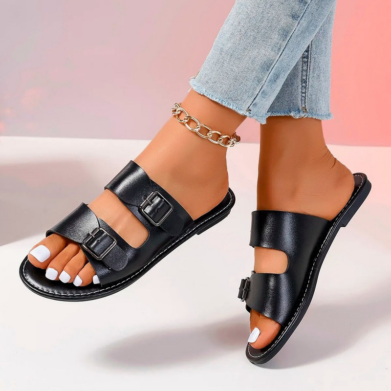 Női csúszásmentes puha talpú papucs női bőr csatos szandál nyári lapos papucs női alkalmi strandpapucs női Mujer