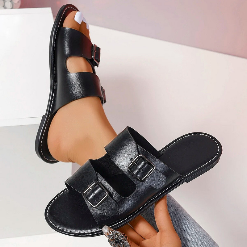 Női csúszásmentes puha talpú papucs női bőr csatos szandál nyári lapos papucs női alkalmi strandpapucs női Mujer