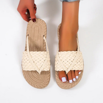 Нови летни дамски чехли с щипки за 2023 г. Ретро тъкани леки неплъзгащи се плоски обувки Ежедневни кожени плажни джапанки