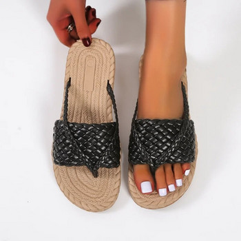 Καλοκαίρι 2023 Νέες γυναικείες παντόφλες με κλιπ ρετρό υφασμένα ελαφριά, αντιολισθητικά ίσια παπούτσια Casual δερμάτινα slip-on σαγιονάρες παραλίας