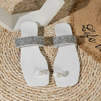 Дамски перлени сандали 2024 Нова мода Плоски блестящи сандали Лято Открит плаж Ваканция Свободно време Дамски обувки чехли