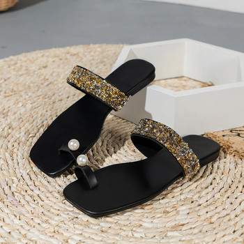 Γυναικεία μαργαριτάρια σανδάλια 2024 Νέα μόδα Flat glittery σανδάλια Καλοκαιρινή εξωτερική παραλία διακοπές Leisure Γυναικεία παπούτσια παντόφλες