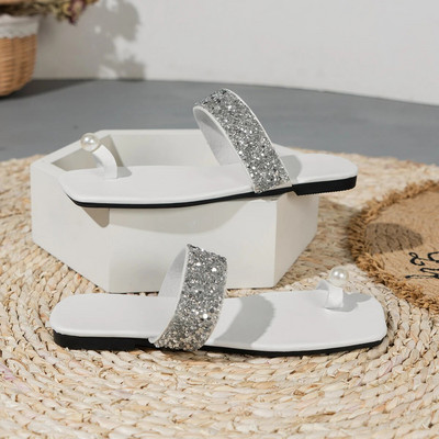 Sieviešu pērļu sandales 2024. g. Jauna mode Plakanas, mirdzošas sandales Vasaras āra, pludmales brīvdienas, brīvā laika pavadīšana, sieviešu apavi, čības