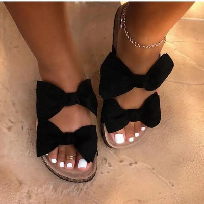 2024. gada vasaras jaunas sieviešu sandales ar banti un plakanu apakšu Home Double Bow Fashion Beach izturīgas čības 36-43