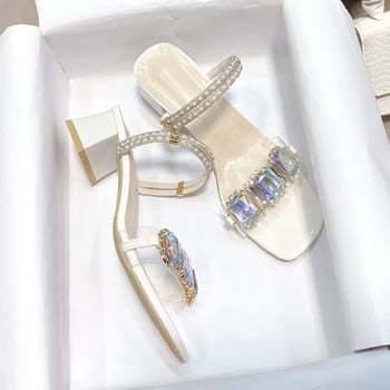 Модни дамски сандали с кристали Rimocy Лято 2023 г. Чехли с отворени пръсти с квадратни токчета Дамски прозрачни сандали от желе от PVC Mujer