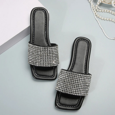 Nyári nyitott orrú női sekély gumitalp, felcsúsztatható alkalmi szandálok Új divatos strasszkövekkel díszített női kültéri lapos papucsok