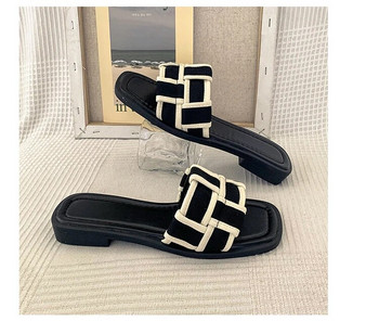 Лято 2024 г. Нови чехли с плоско дъно за жени Модни дамски обувки с квадратни пръсти Карирани дамски обувки Ежедневни плажни обувки на открито за свободното време