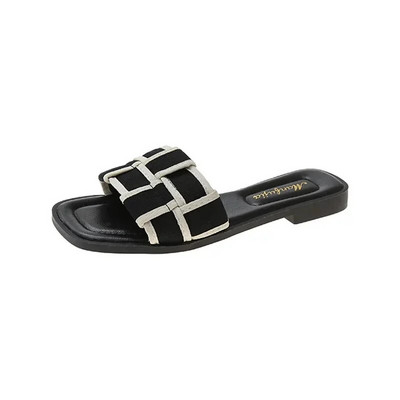 2024. nyár, új, lapos fenekű női papucsok, divatos, négyzet alakú, kockás női cipők szabadtéri, szabadidős strandcipők nőknek