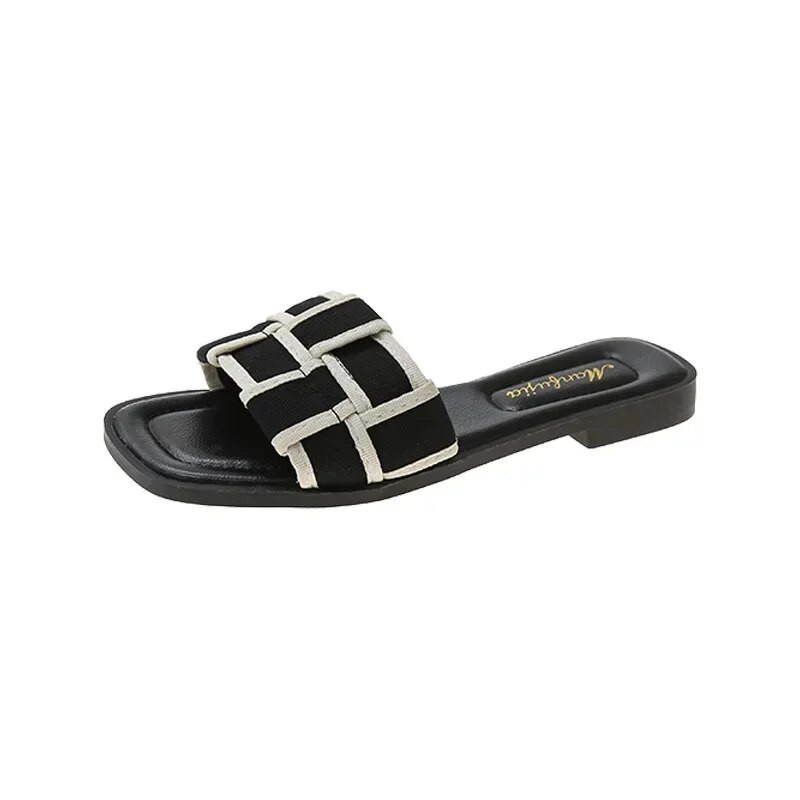 2024. nyár, új, lapos fenekű női papucsok, divatos, négyzet alakú, kockás női cipők szabadtéri, szabadidős strandcipők nőknek