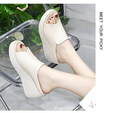 Sieviešu sandales Sieviešu čības Melnas ķīļveida platforma ar atvērtu purngalu Sieviešu ortopēdija Bieza apakša Pludmales Augstpapēžu slaidi