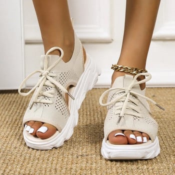 Мрежести дамски сандали Летни обувки за жени Тенденция Сандали с платформа с връзки и отворени пръсти Плажни ежедневни сандали на ток
