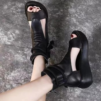 Нови дамски ретро меки PU кожени готини ботуши 2024 г. Модни дамски сандали Летни сандали с рибешка уста Сандали на обувки на танкетка със среден ток