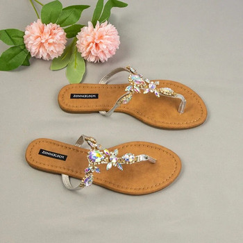 2024 г. Нови дамски джапанки Летни парти обувки за жени Bling Flower Rhinestones Големи размери Плоски токчета Външни дамски чехли