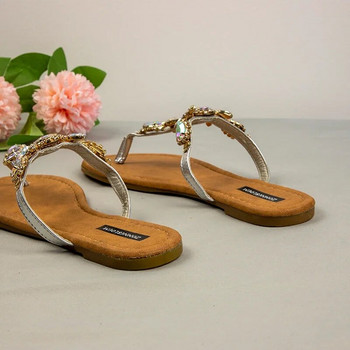 2024 г. Нови дамски джапанки Летни парти обувки за жени Bling Flower Rhinestones Големи размери Плоски токчета Външни дамски чехли