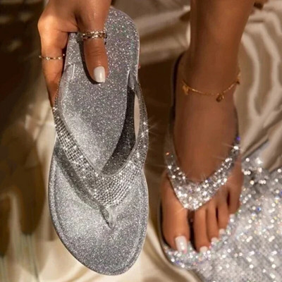 2024. aasta naiste plätud sussid Slaidid Bling Rhinestone`i naiste kingad vabaaja suvekorruse naiste kingad, naiste kristallsära, suur suurus 43