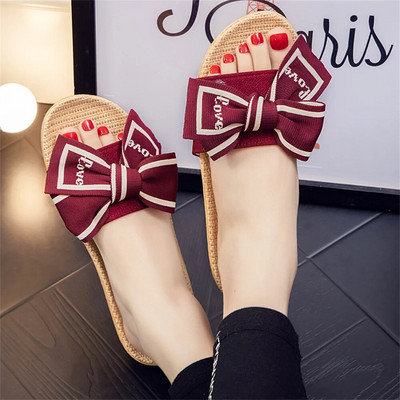 Vasaras Jaunas Bow Lina Čības Sieviešu Mājai Mīksta Zole Pretslīdēšanas Vieglas Klusas Iekštelpu čības
