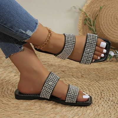 Női papucsok, 2024, nyár, új divat, lapos, hétköznapi nyitott orrú cipők női strasszos strand papucsok Zapatos De Mujer