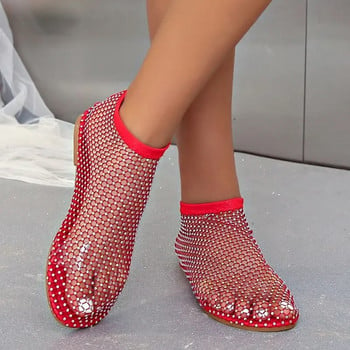 2024 Дамски летни нови луксозни мрежести дизайнерски сандали, украсени със кристали, Ежедневни дамски сандали с приплъзване на открито и с плитка уста
