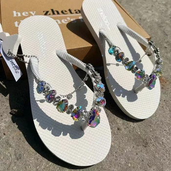 Модни дамски обувки Дамски чехли с пръсти Летни кристали Ежедневни плажни плоски плоски удобни джапанки Обувки Дамски
