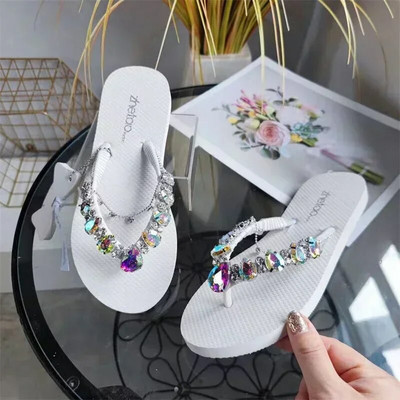 Модни дамски обувки Дамски чехли с пръсти Летни кристали Ежедневни плажни плоски плоски удобни джапанки Обувки Дамски