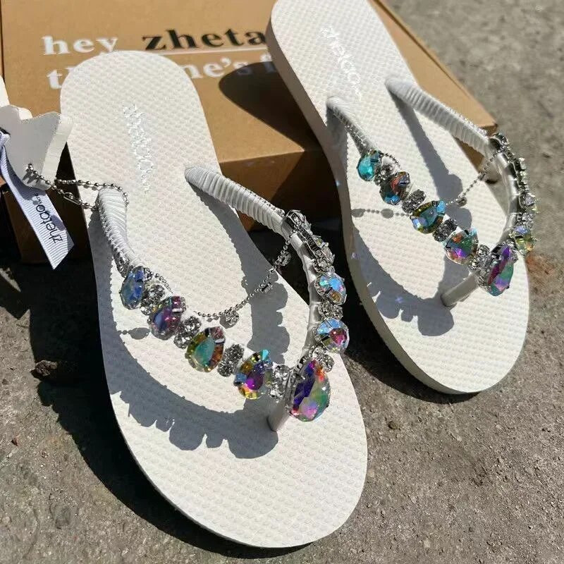Modes Sieviešu apavi Sieviešu čības Vasaras Rhinestones Āra Ikdienišķs Pludmales Dzīvoklis Ērts Flip Flops Kurpes Sieviešu