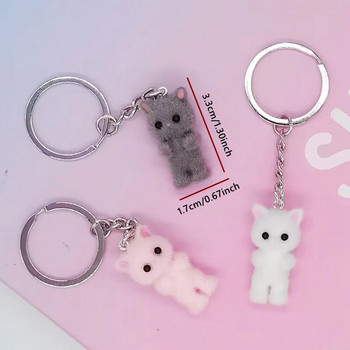 1PCS 3D Cartoon Flocking Cat Keychain Kawaii Cat Key Ring Ключодържатели с животни Сувенирни подаръци за жени Мъже Автомобилни ключове Направи си сам бижута