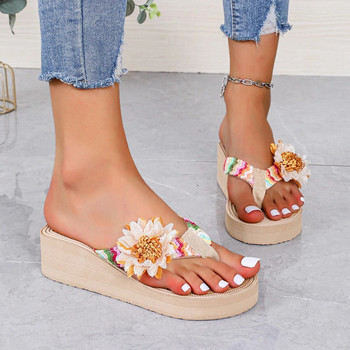 Дамски джапанки с цветя Летни сандали Модни пътувания на открито Плажни пързалки 2024 Горещи разпродажби Боти на танкетка Платформа Разноцветни чехли
