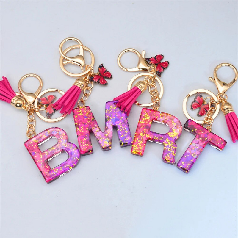 Svjetlucavi AZ Sjajni privjesak sa šljokicama i slovom Privjesak za ključeve s resicama Zvjezdica s loptom Privjesci za ključeve Ženska torba Ukrasi Drangulije za automobil Dodaci