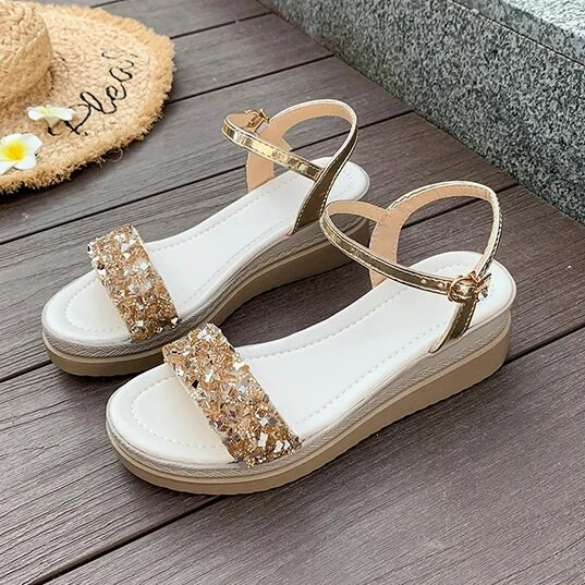 Sieviešu kristāla ķīļi sandales vidēji papēži apavi Pludmales vasaras platformas čības, 2024. gada atvērtas pirksta slaidas, mājīgas, greznas sieviešu čības