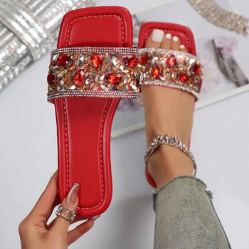 Сребърни блестящи чехли Дамски летни облекла Груб ток Цвят Всичко Модни сандали с кристали Плоски дамски обувки Размер 43